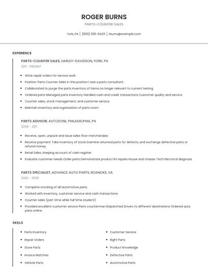 Parts-Counter Sales Resume