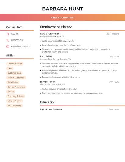 Parts Counterman Resume