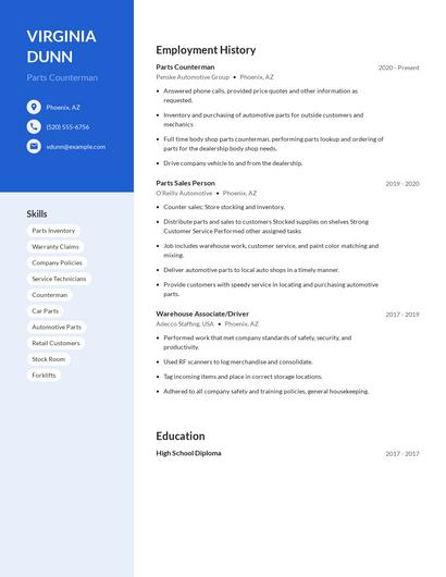 Parts Counterman Resume