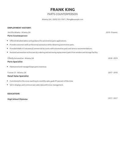Parts Counterperson Resume
