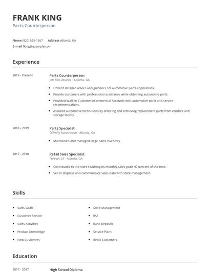 Parts Counterperson Resume