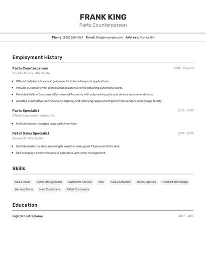 Parts Counterperson Resume