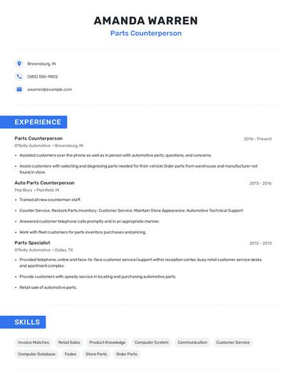 Parts Counterperson Resume