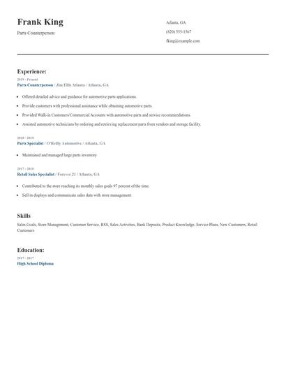 Parts Counterperson Resume