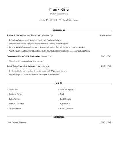 Parts Counterperson Resume