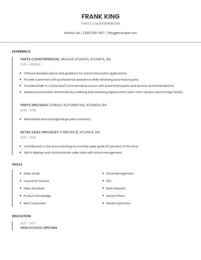 Parts Counterperson Resume