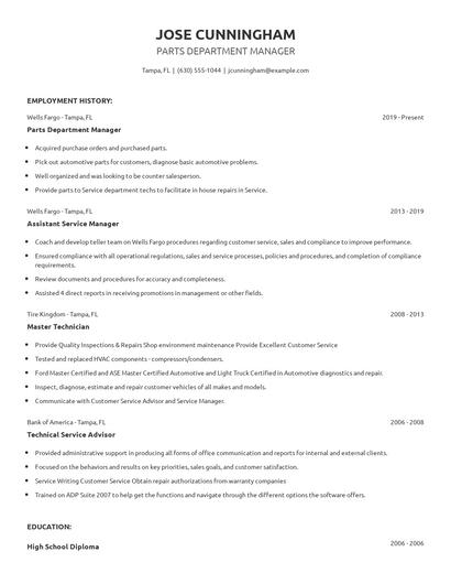 Parts Department Manager Resume
