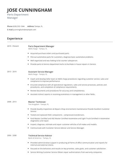 Parts Department Manager Resume