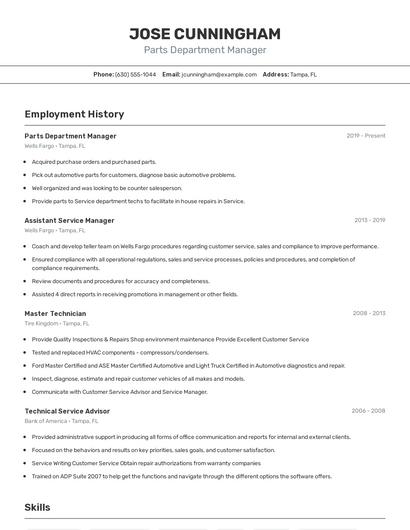 Parts Department Manager Resume