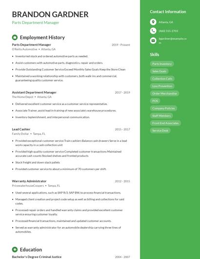 Parts Department Manager Resume