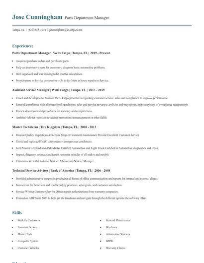 Parts Department Manager Resume