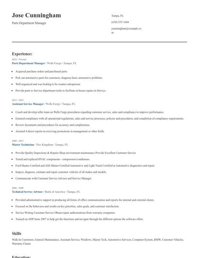 Parts Department Manager Resume