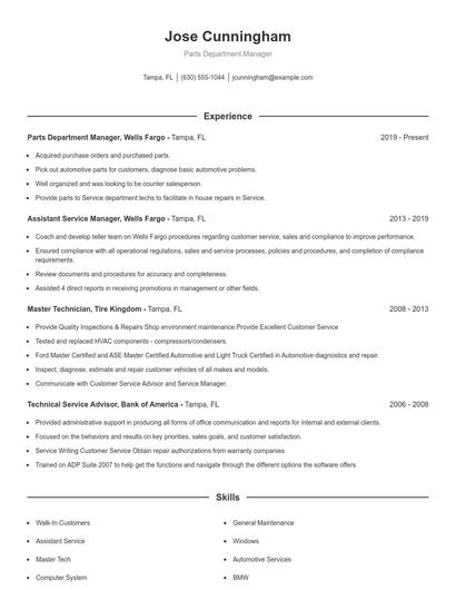 Parts Department Manager Resume
