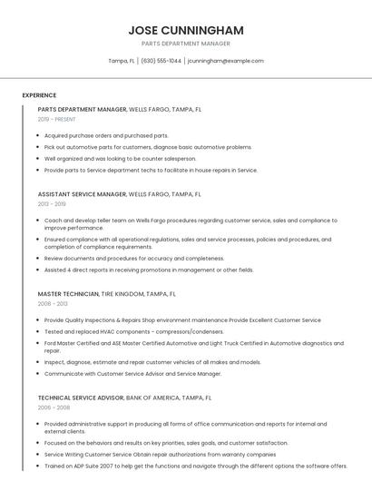 Parts Department Manager Resume