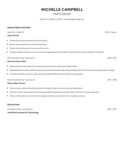 Parts Driver Resume
