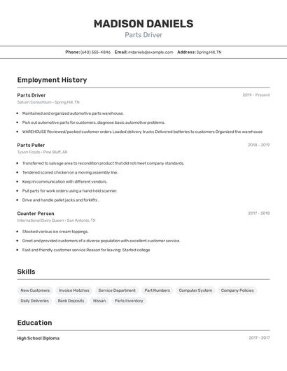 Parts Driver Resume