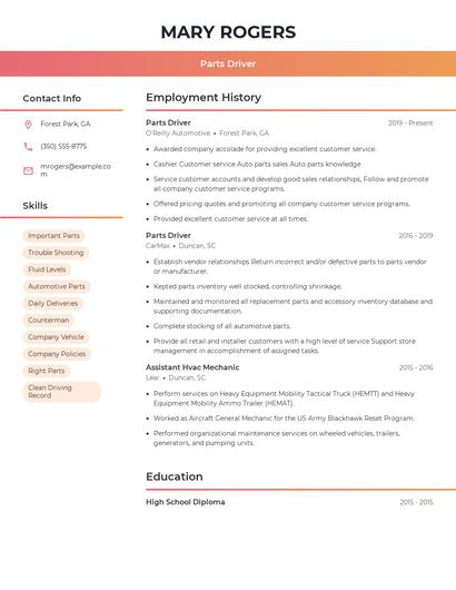 Parts Driver Resume