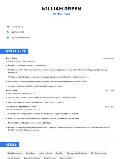 Parts Driver Resume