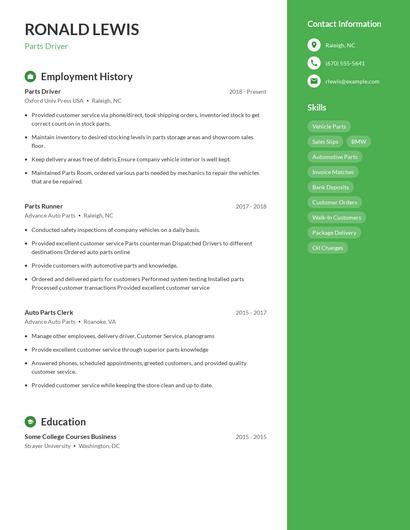 Parts Driver Resume