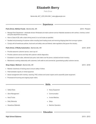 Parts Driver Resume