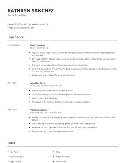 Parts Expediter Resume