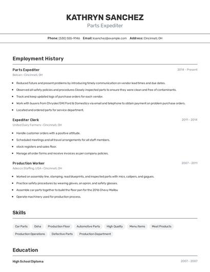 Parts Expediter Resume