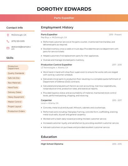 Parts Expediter Resume