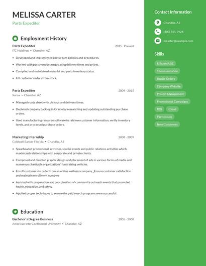 Parts Expediter Resume