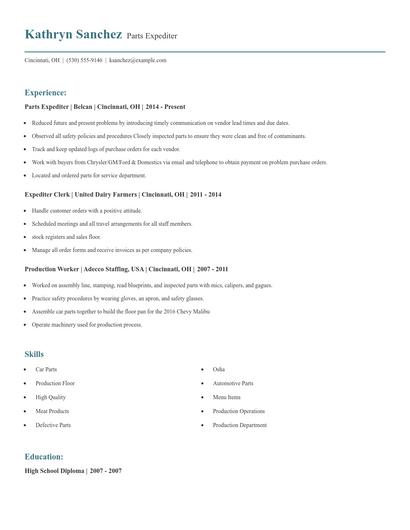 Parts Expediter Resume
