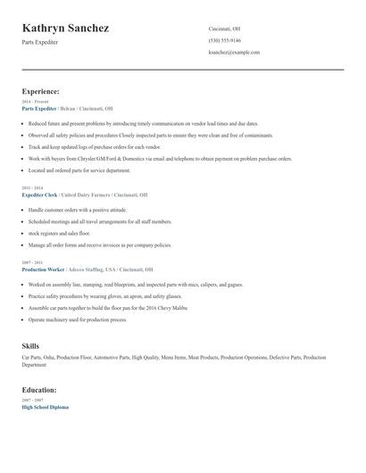 Parts Expediter Resume