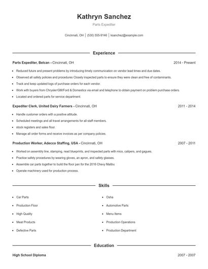 Parts Expediter Resume