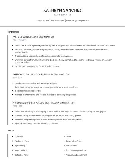 Parts Expediter Resume