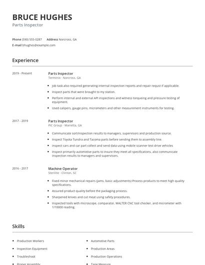 Parts Inspector Resume