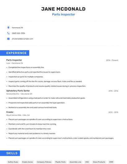 Parts Inspector Resume
