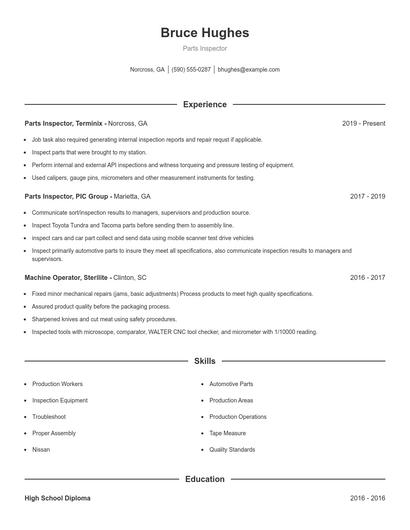 Parts Inspector Resume
