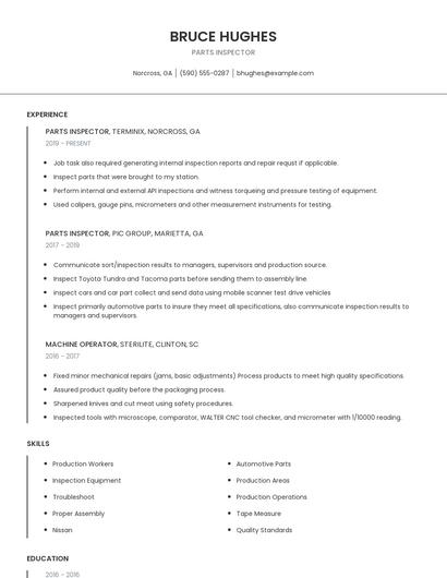 Parts Inspector Resume