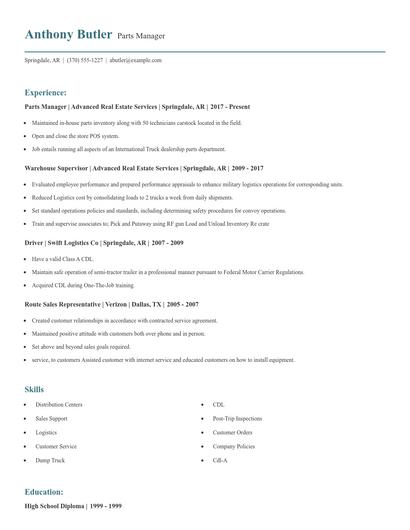Parts Manager Resume