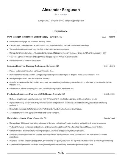 Parts Manager Resume