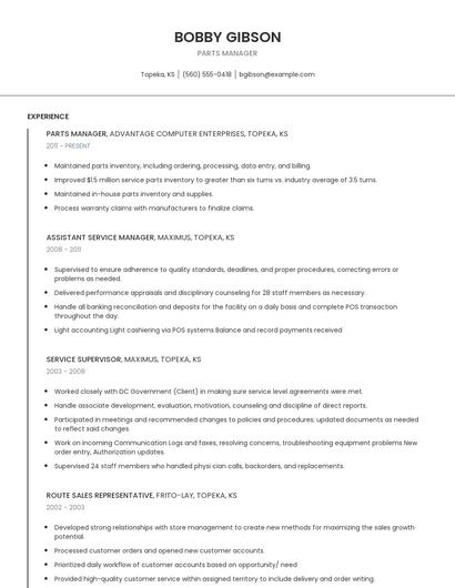 Parts Manager Resume
