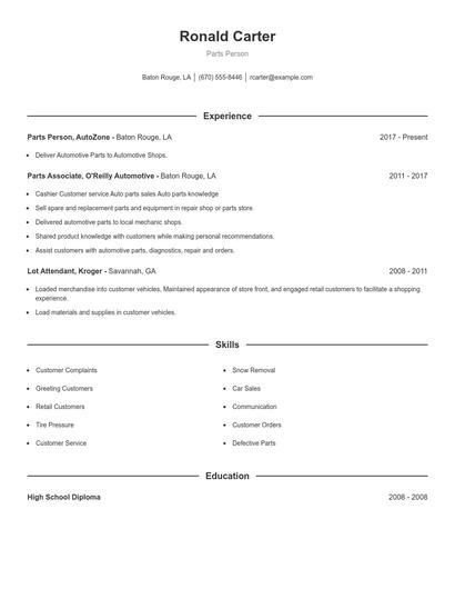 Parts Person Resume