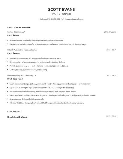 Parts Runner Resume