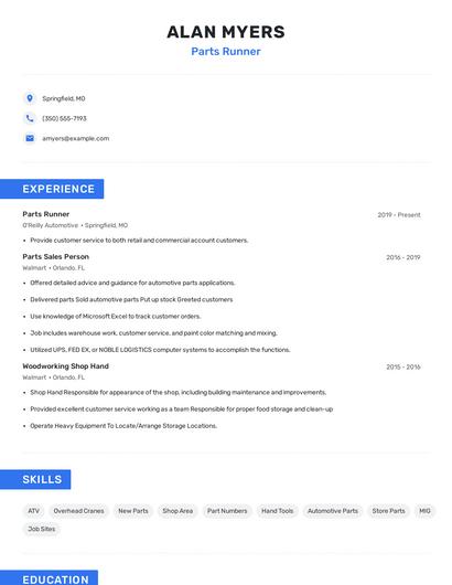 Parts Runner Resume