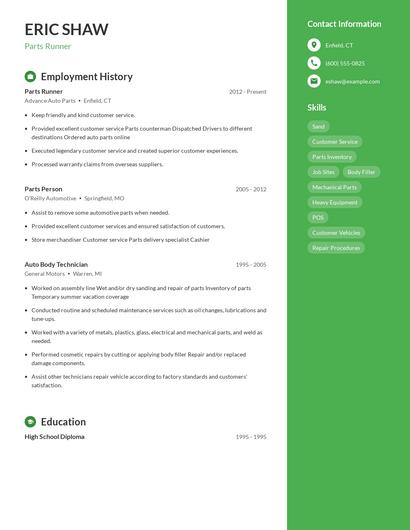 Parts Runner Resume