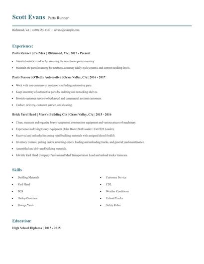 Parts Runner Resume