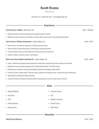 Parts Runner Resume