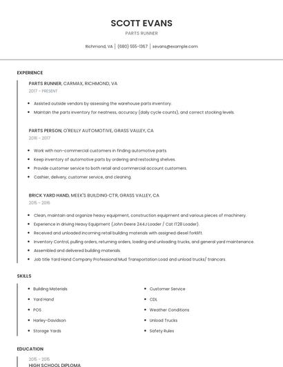 Parts Runner Resume