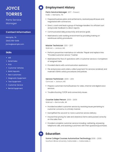 Parts Service Manager Resume
