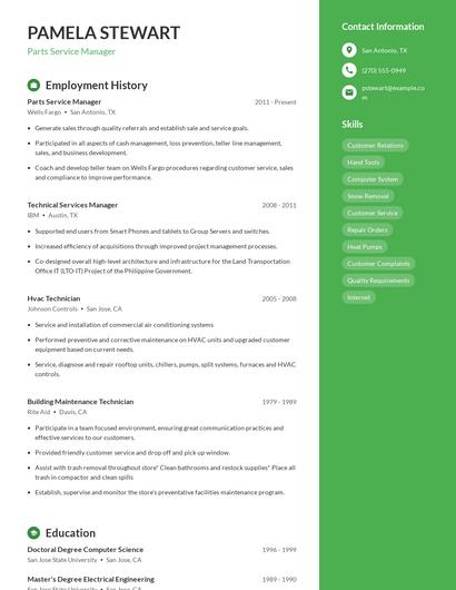 Parts Service Manager Resume