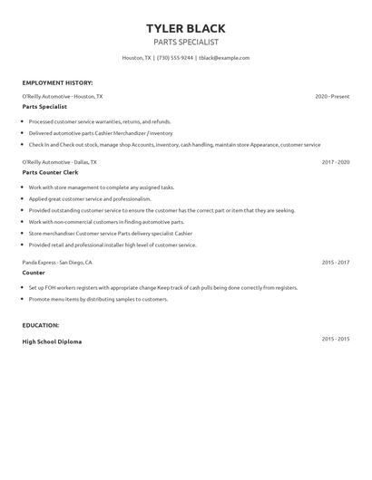 Parts Specialist Resume