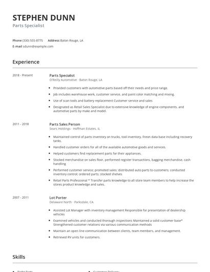 Parts Specialist Resume